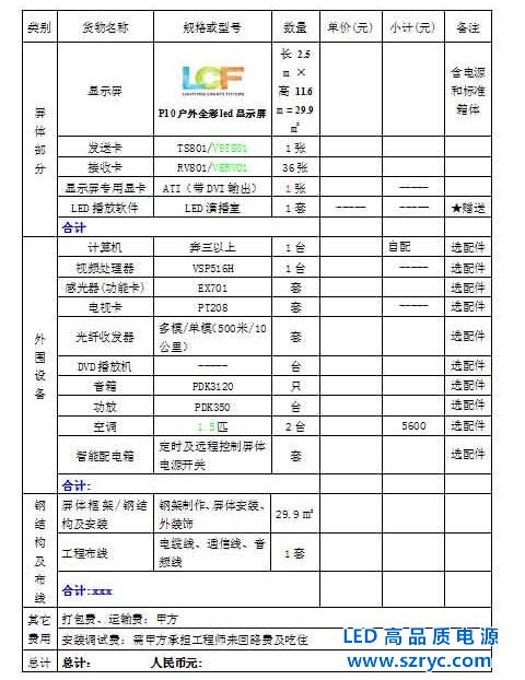 户外全彩LED显示屏报价清单列表