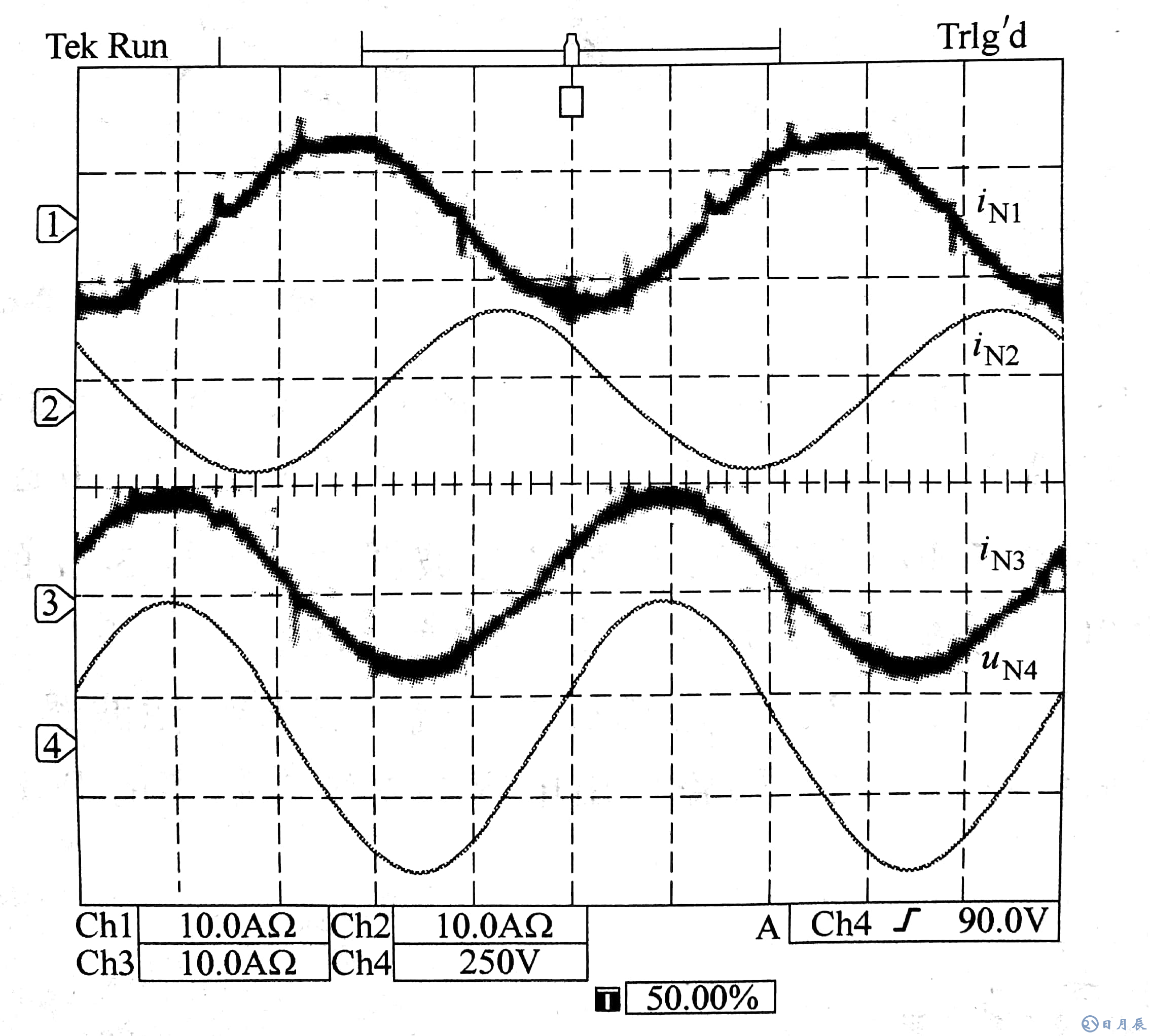 实验结果显示的4kW功率输出的三相电流CH1-CH3和输入电压CH14波形