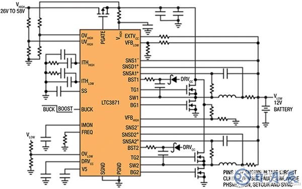 Linear Technology LTC3871 bi-directional application schematic Linear Technology 的 LTC3871 的双向应用示意图