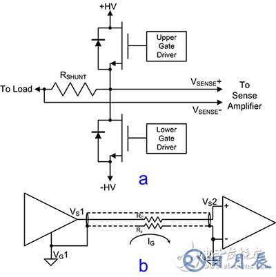 Measuring small voltage drops in a push-pull FET power driver 测量推挽式 FET 功率驱动器中的小电压降的原理图