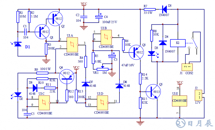 红外接近开关电路 本例红外接近开关电路是通过检测发射的红外线信号是否被发射来判断前方是否有物体，从而控制继电器的开关动作来控制其它电路（本例省略）。.png