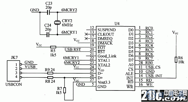 PDIUSBD12与PlCl6F877单片机的接口原理电路图